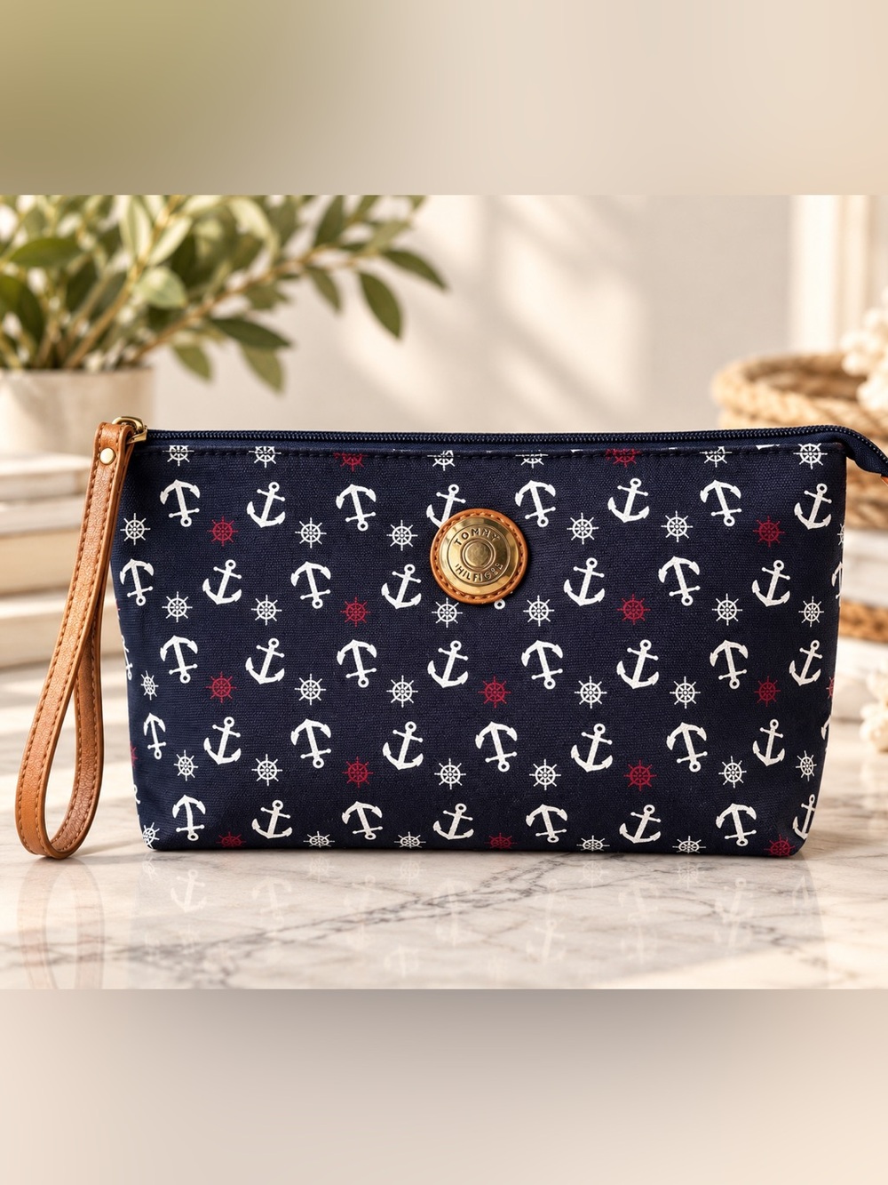 Tommy Hilfiger Navy, White & Red Anchor Print Wristlet Nautical Coastal Preppy